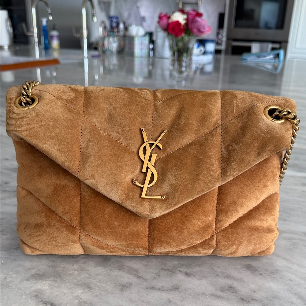 Yves Saint Laurent Puffer Small in Suede - Quilted Shoulder Bag in Cinnamon